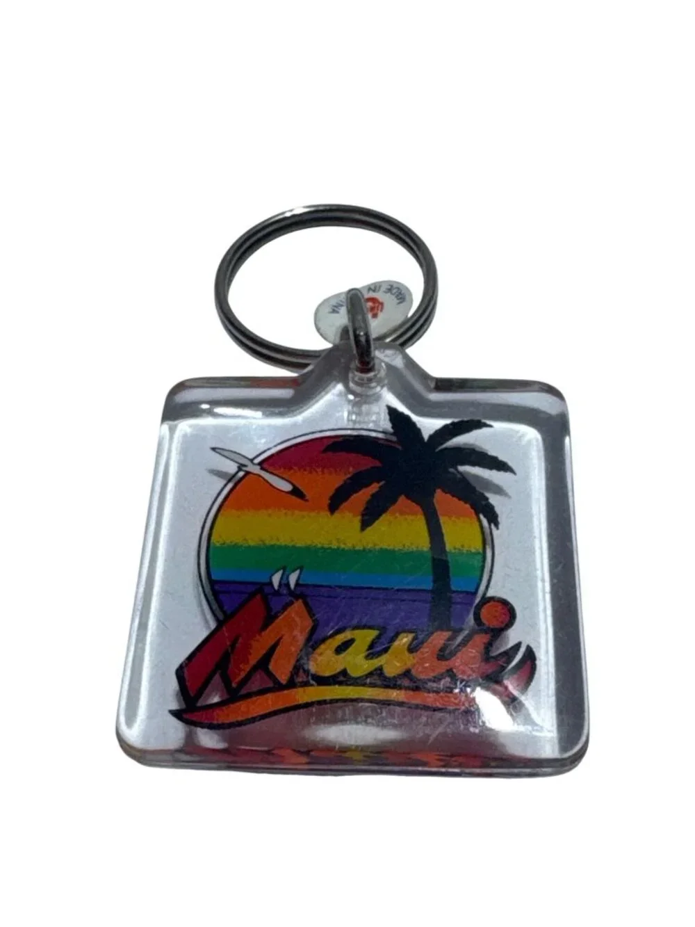 Maui Acrylic Keychain With Rainbow Sunset & Palm Tree Design Pre-Owned